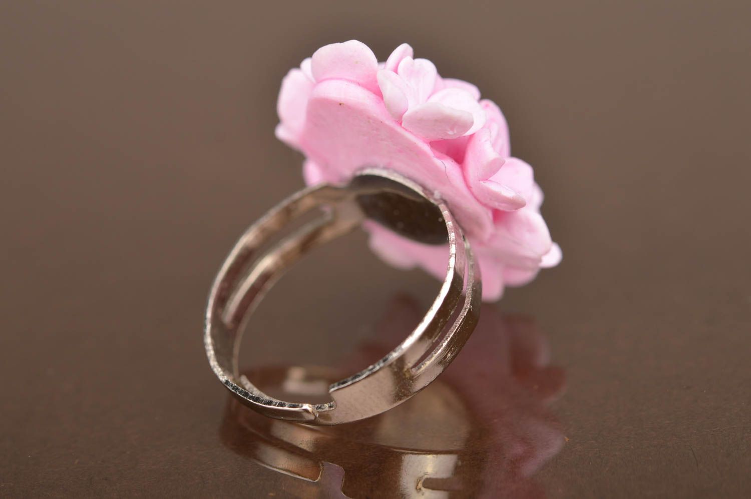 Beautiful volume handmade designer polymer clay flower ring of pink color photo 5
