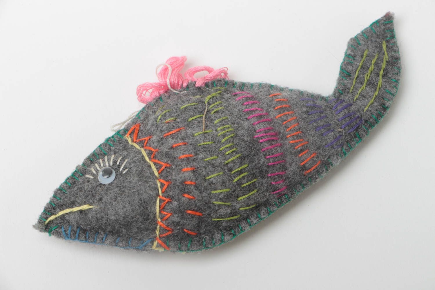 Handmade designer interior soft toy sewn of felt gray fish with embroidery photo 2
