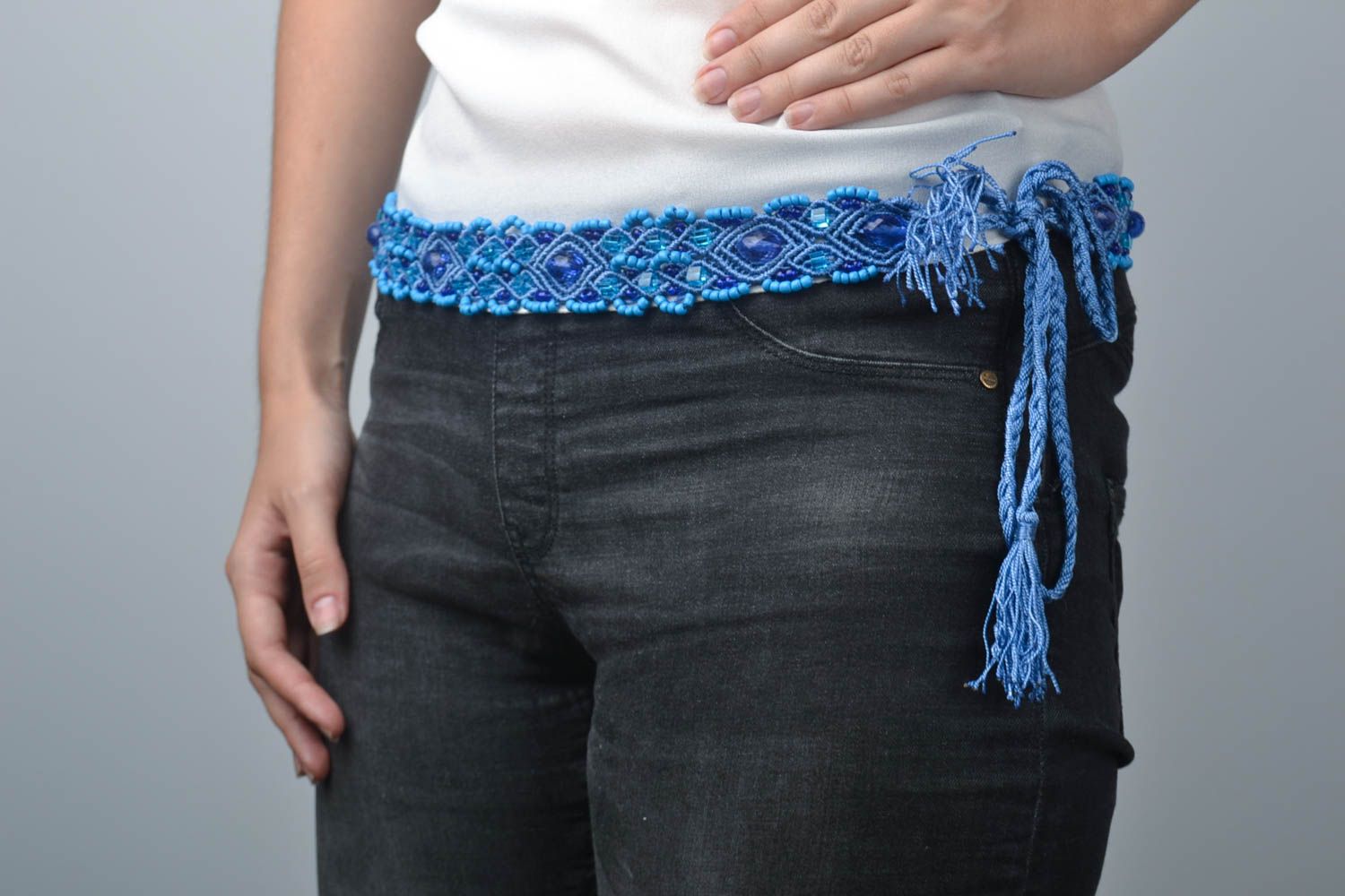 Пояс ручной работы пояс для талии плетеный женский пояс голубой с бисером фото 1