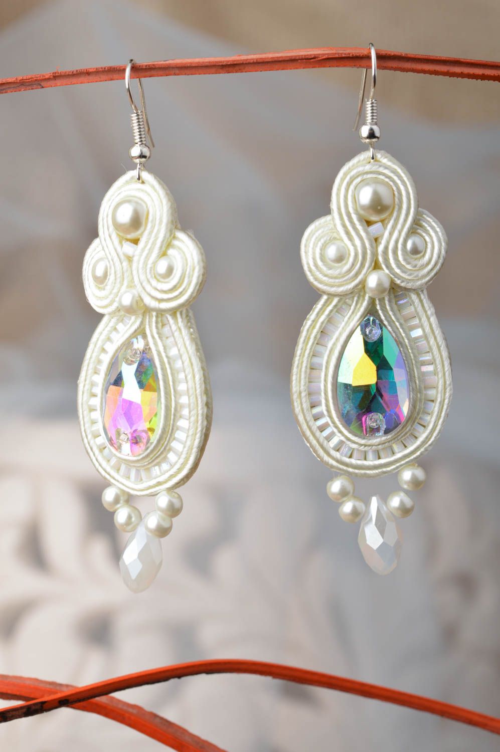Beautiful long handmade designer white soutache earrings with crystals photo 1