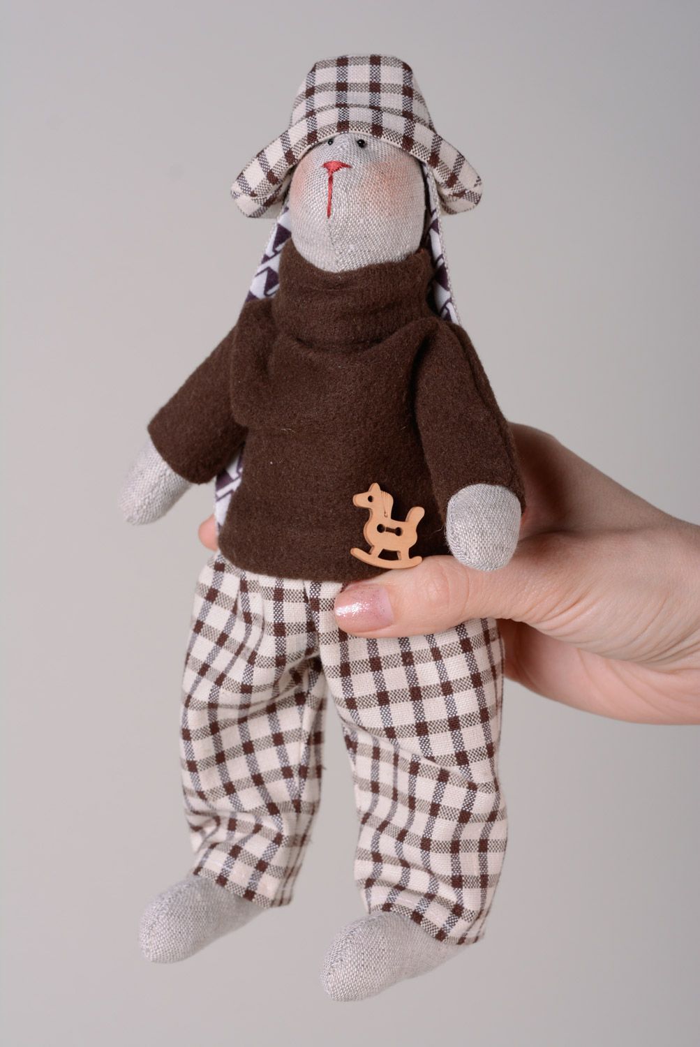 Handmade soft toy sewn of linen and fleece rabbit in checkered suit and hat photo 4