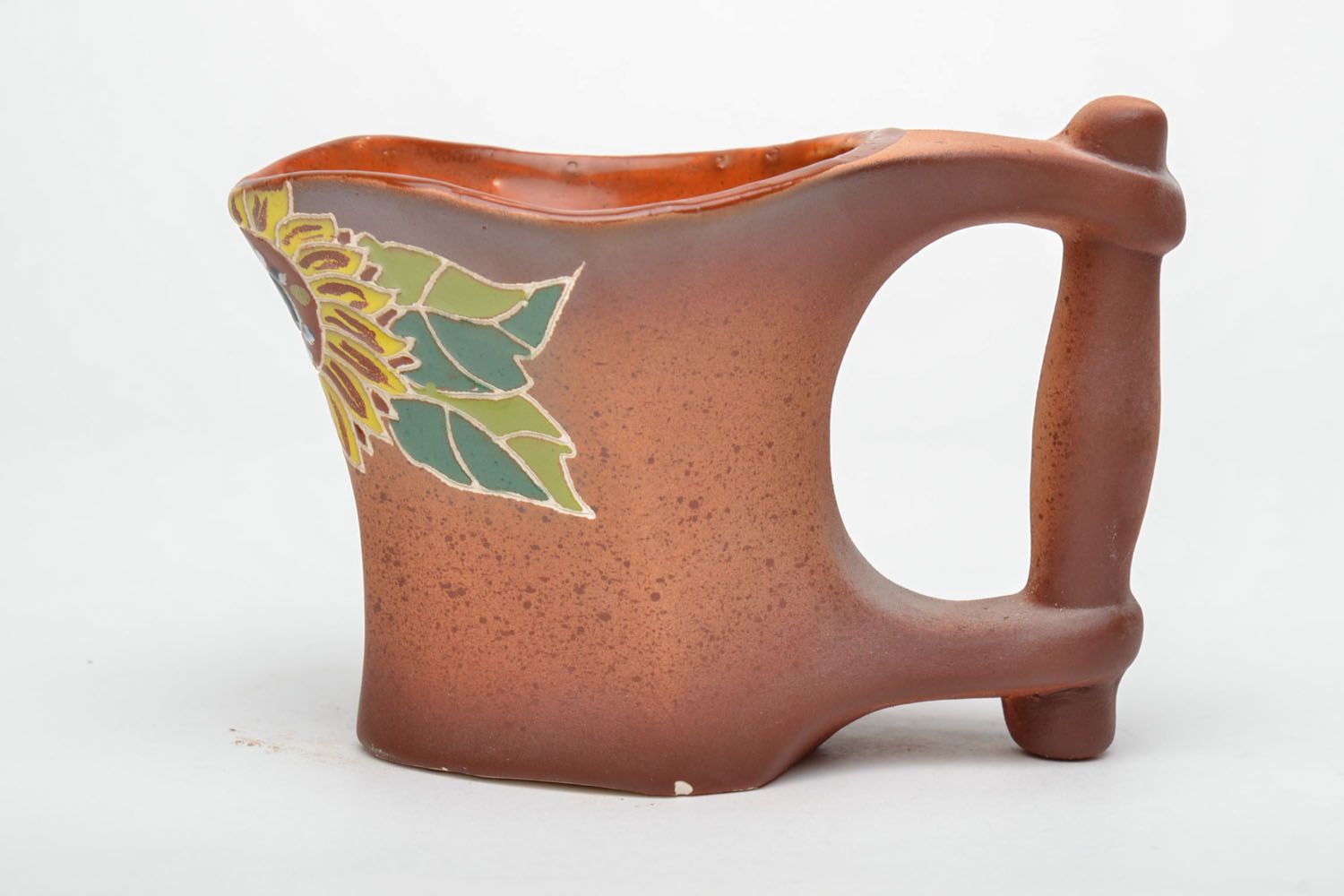 Square ceramic glazed handmade coffee cup with sunflower pattern and wide large handle photo 2
