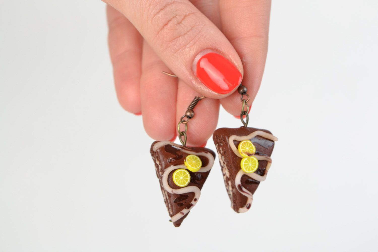 Unusual handmade polymer clay dangle earrings in the shape of chocolate cakes photo 2