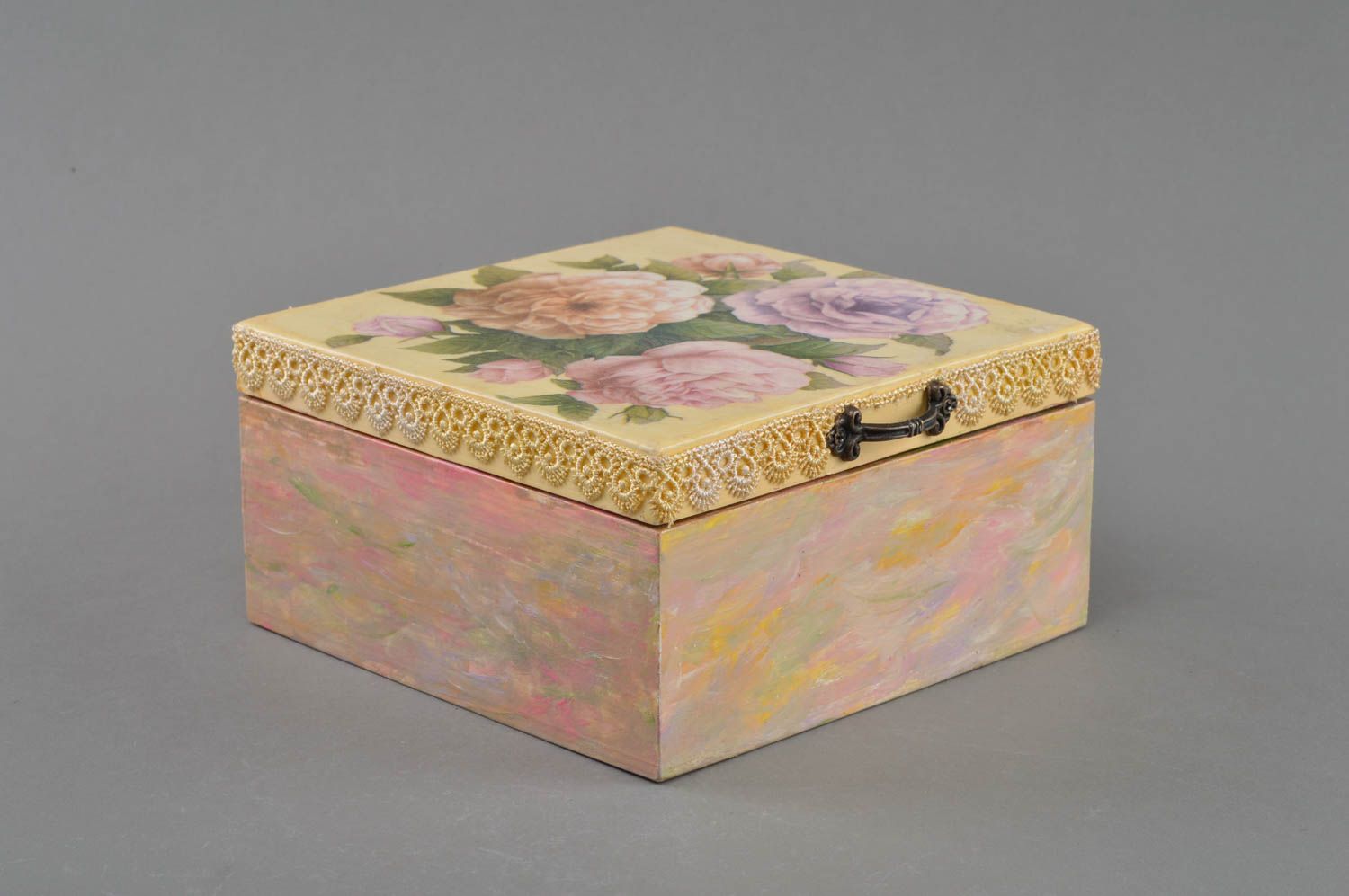 Boîte à thé compartimentée en bois à motif floral en serviettage faite main photo 1