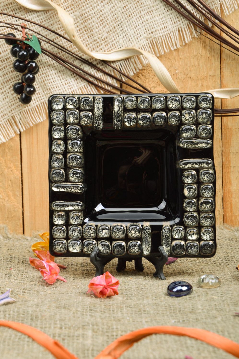 Handmade elegant designer fused glass ashtray of square shape in black color photo 1