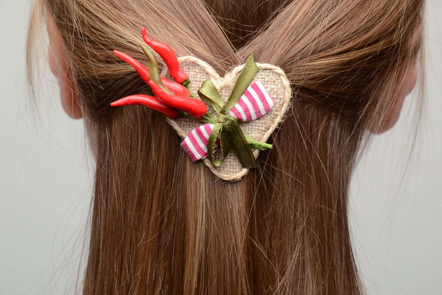 Unusual polymer clay hair clip with burlap Peppers photo 5