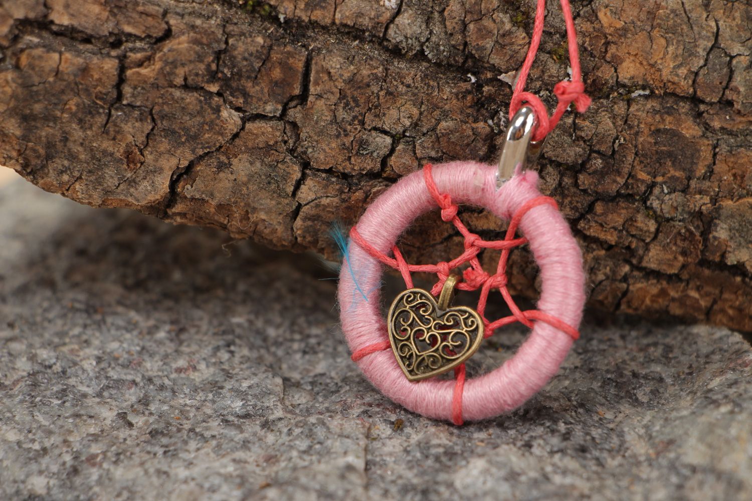 Small pink dreamcatcher pendant necklace with a charm on cord for women photo 1