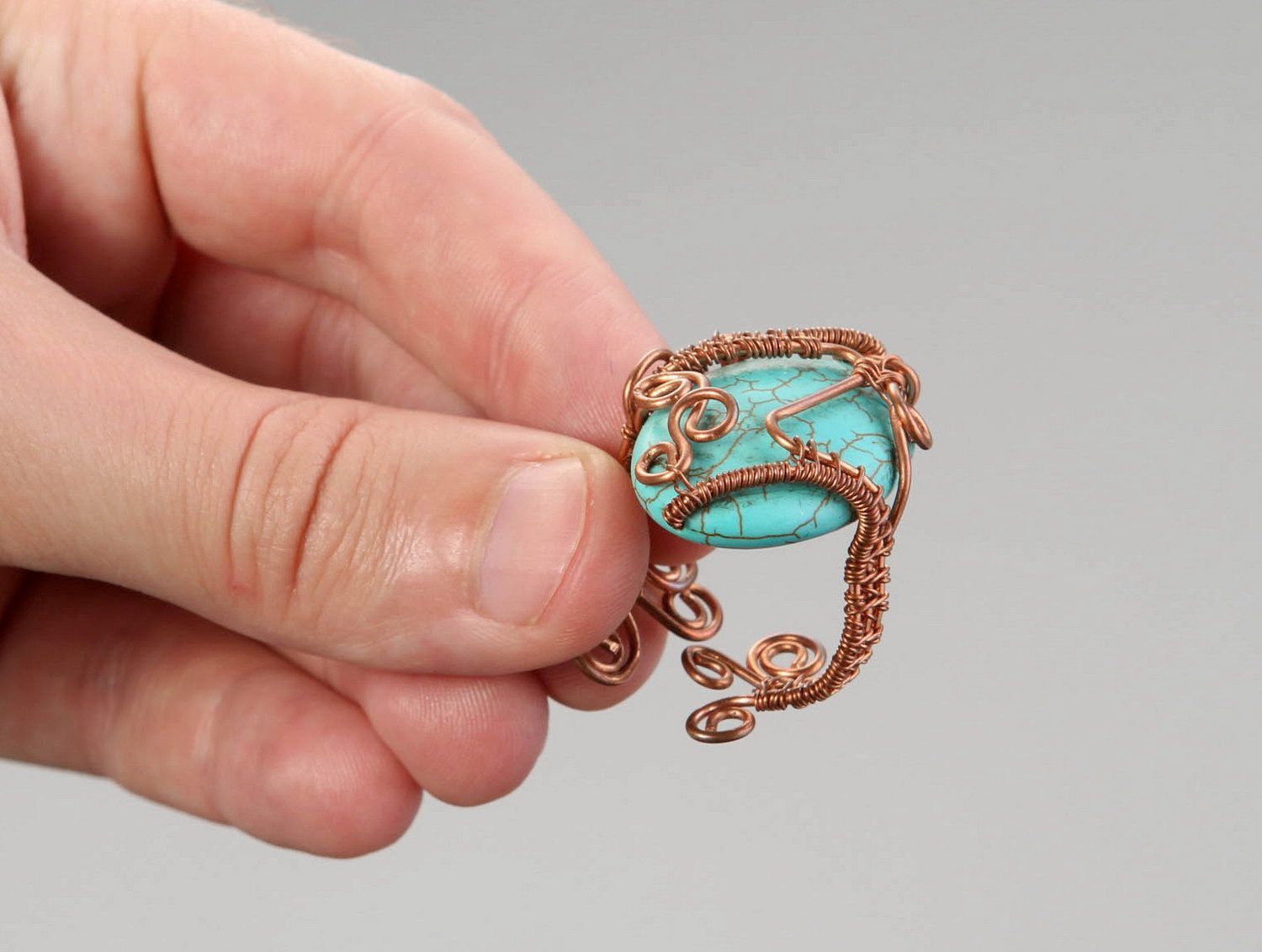 Handmade copper ring with turquoise imitation photo 5