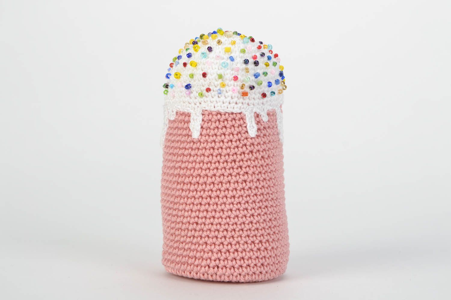 Handmade crochet soft toy in the shape of pink Easter cake decorated with beads photo 3