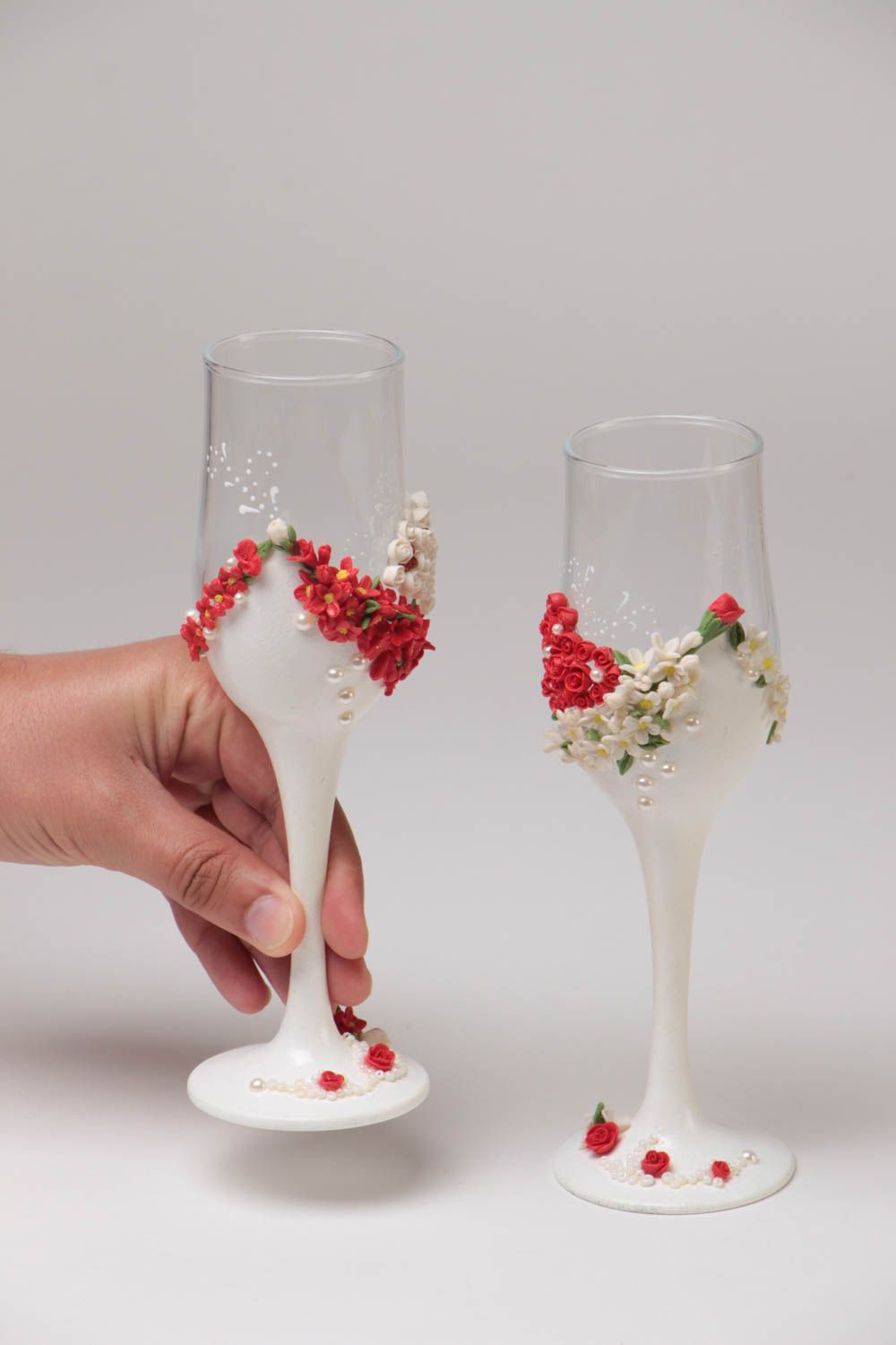 Set of handcrafted unusual designer wedding glasses with flowers 2 pieces photo 5