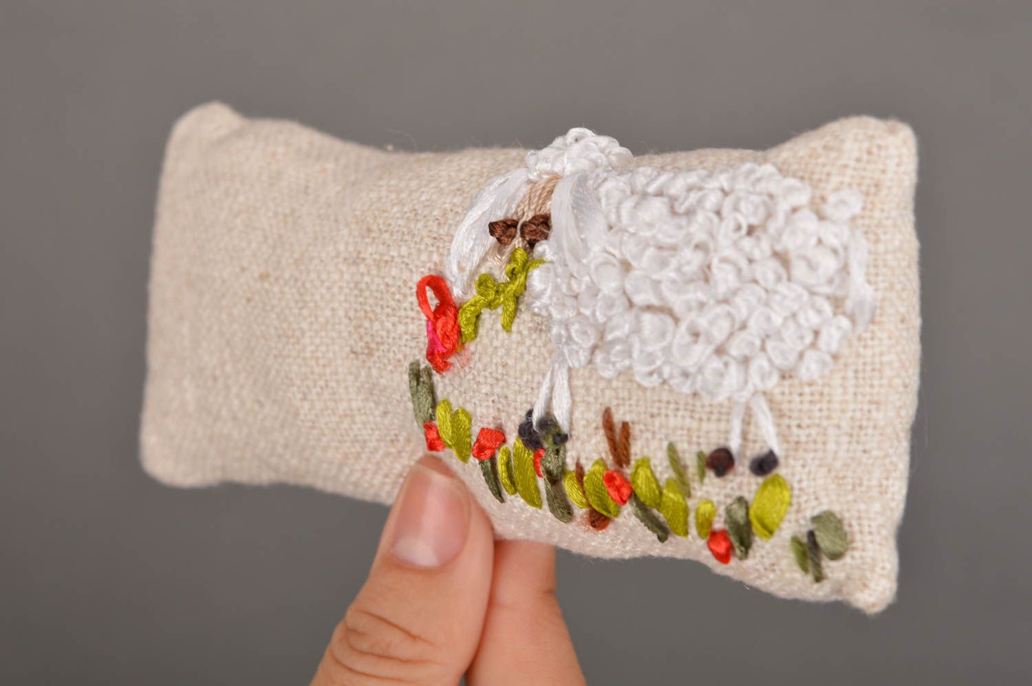 Unusual handmade designer sackcloth sachet pillow with embroidery photo 3