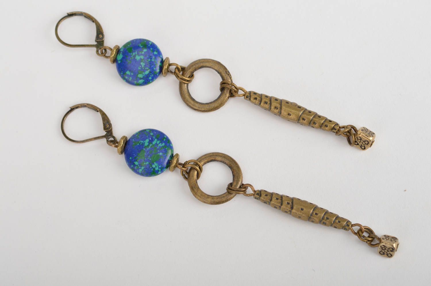 Handmade long dangle metal earrings with blue beads designer accessory for women photo 5