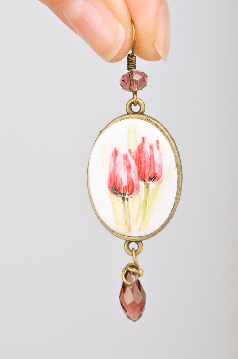 Handmade long metal earrings with tiny painting Tulips photo 3