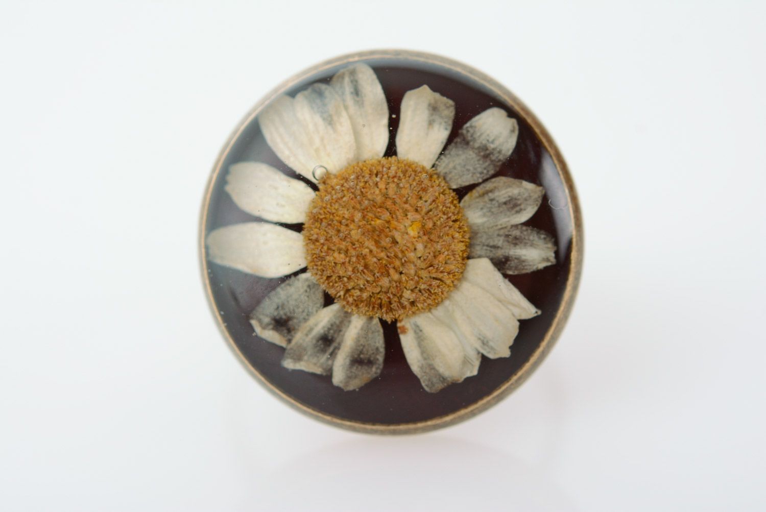 Handmade metal ring with real flower coated with epoxy Camomile photo 2