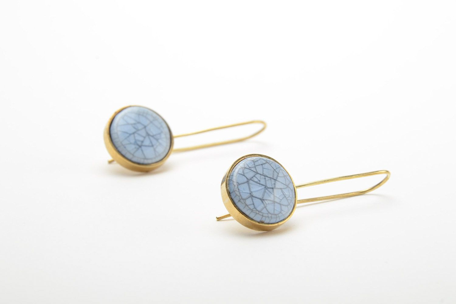 Handmade blue ceramic earrings in brass frame with long ear wires photo 2