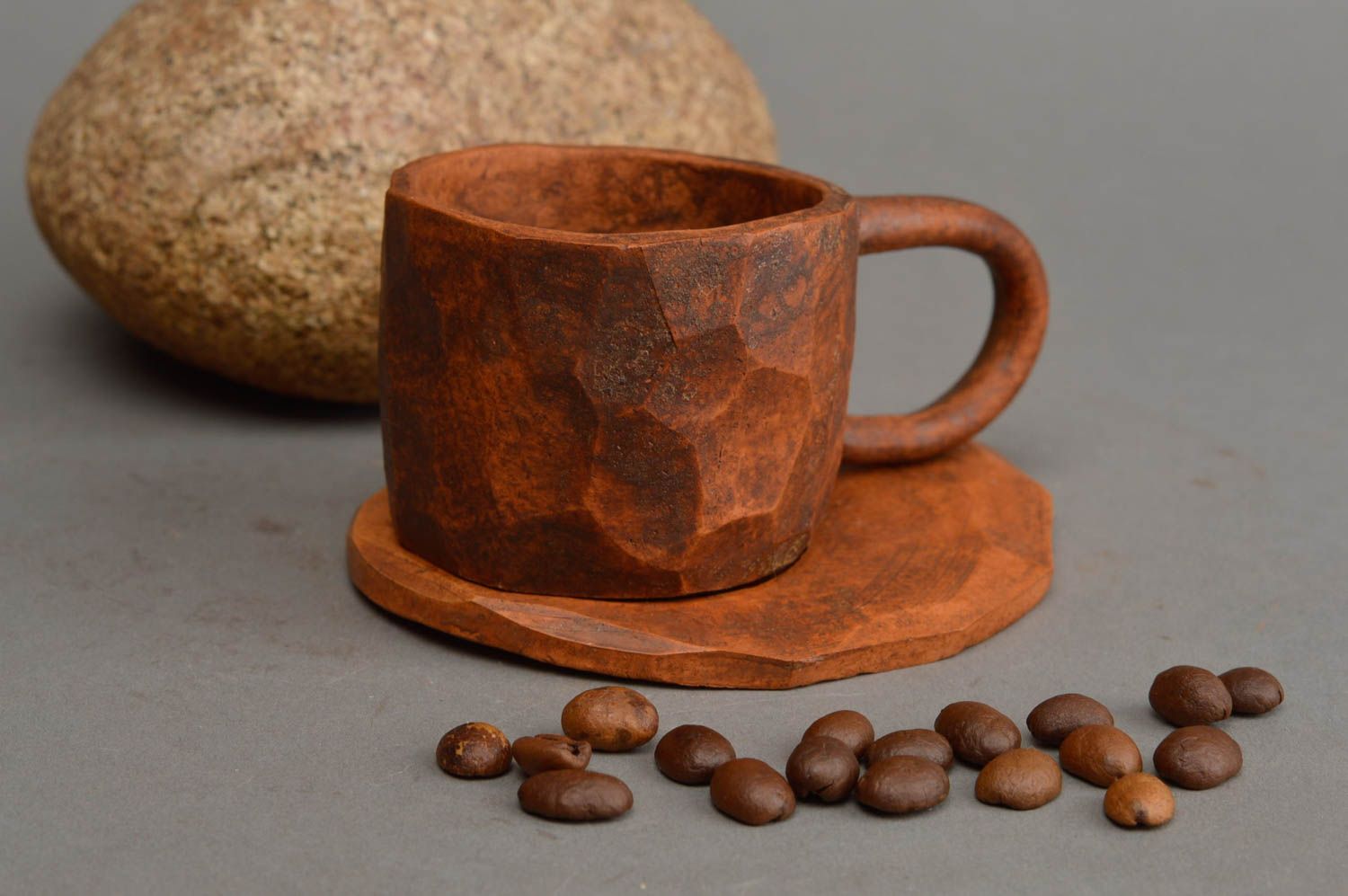Natural clay cup with handle and saucer 0,29 lb photo 1