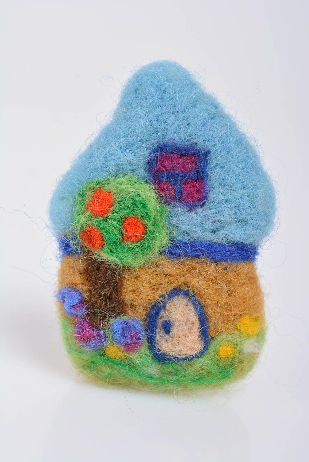 Handmade designer brooch felted of natural wool in the shape of colorful house photo 1