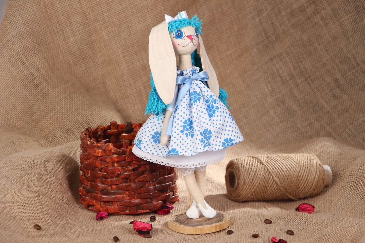 Soft fabric toy with holder Bunny in Blue photo 5