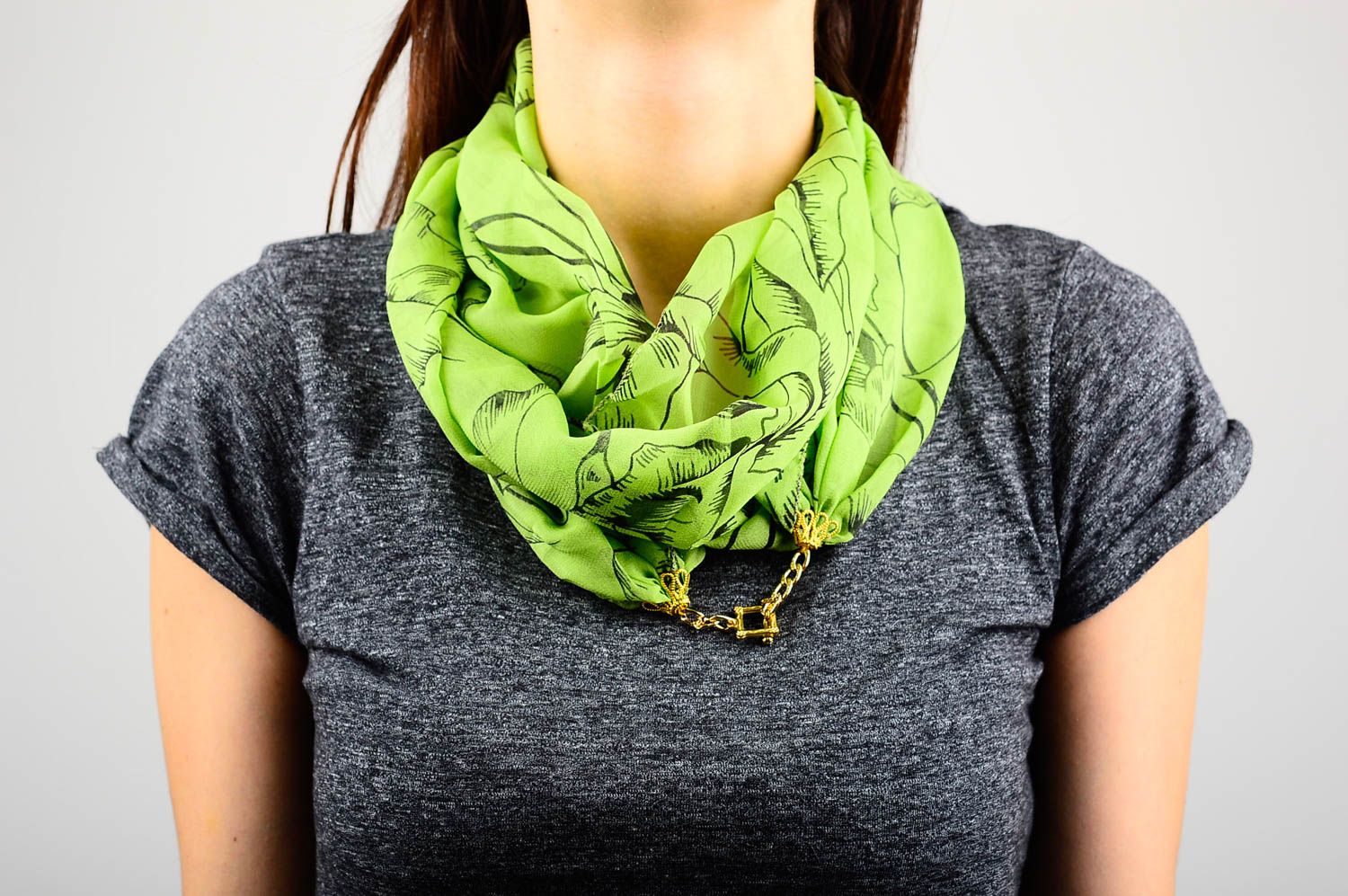 Handmade scarf womens scarf light chiffon green scarf with leaves    photo 2