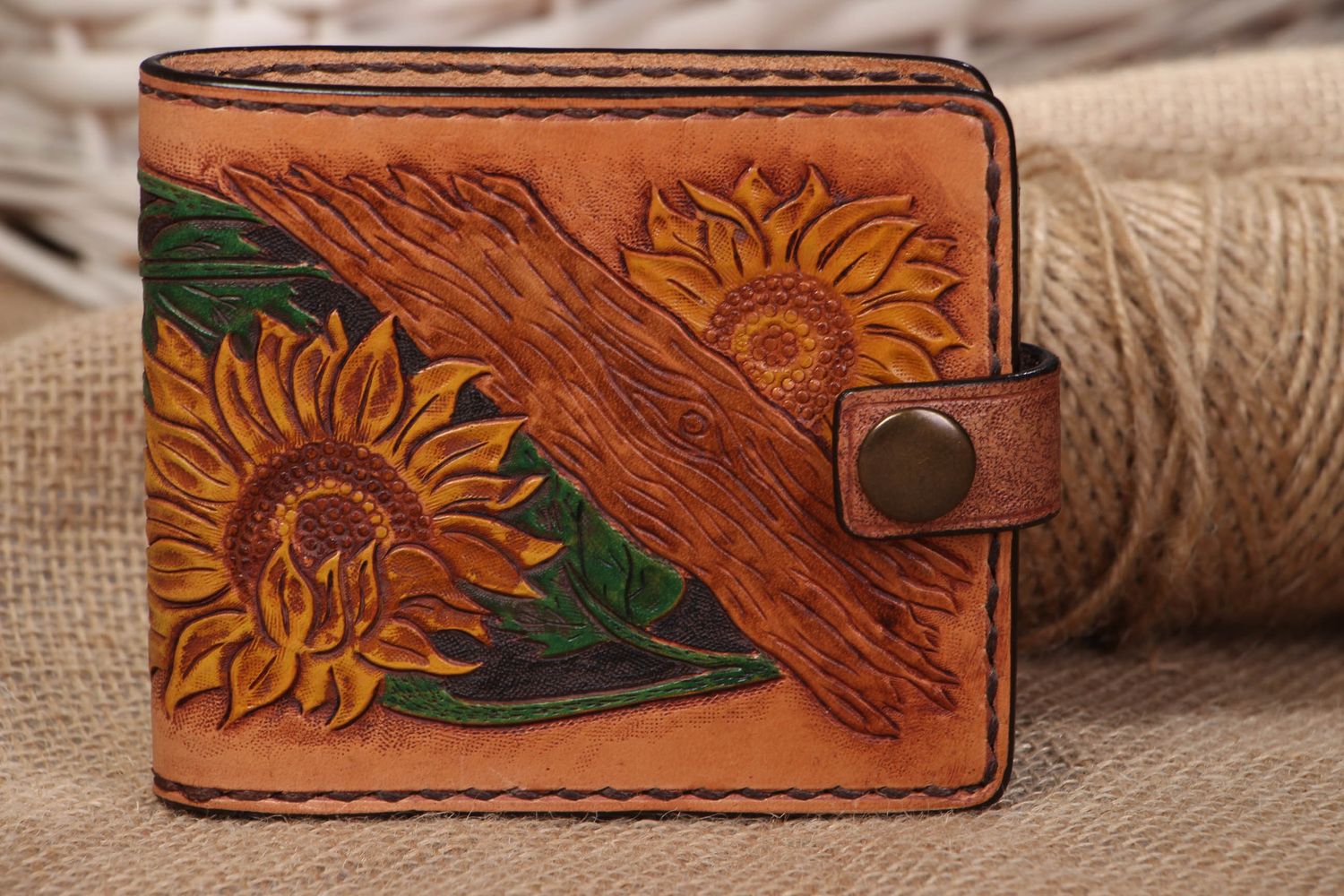 Handmade leather women's wallet Sunflowers photo 5