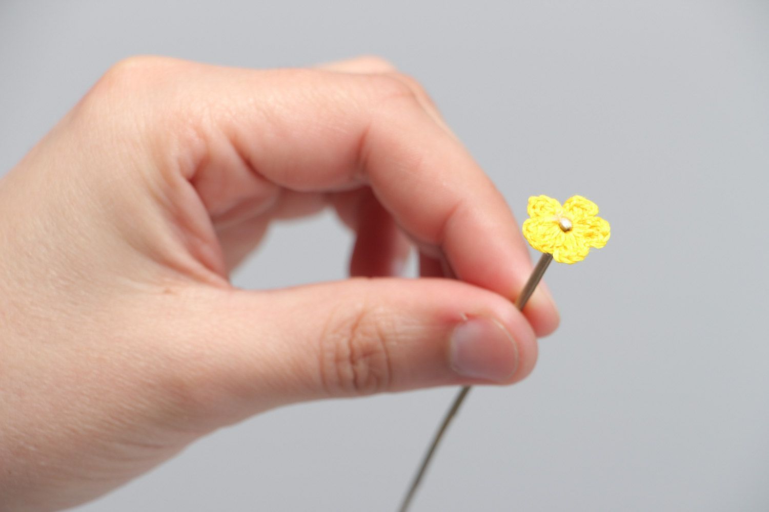 Handmade tender small artificial yellow flower crocheted of cotton threads photo 5