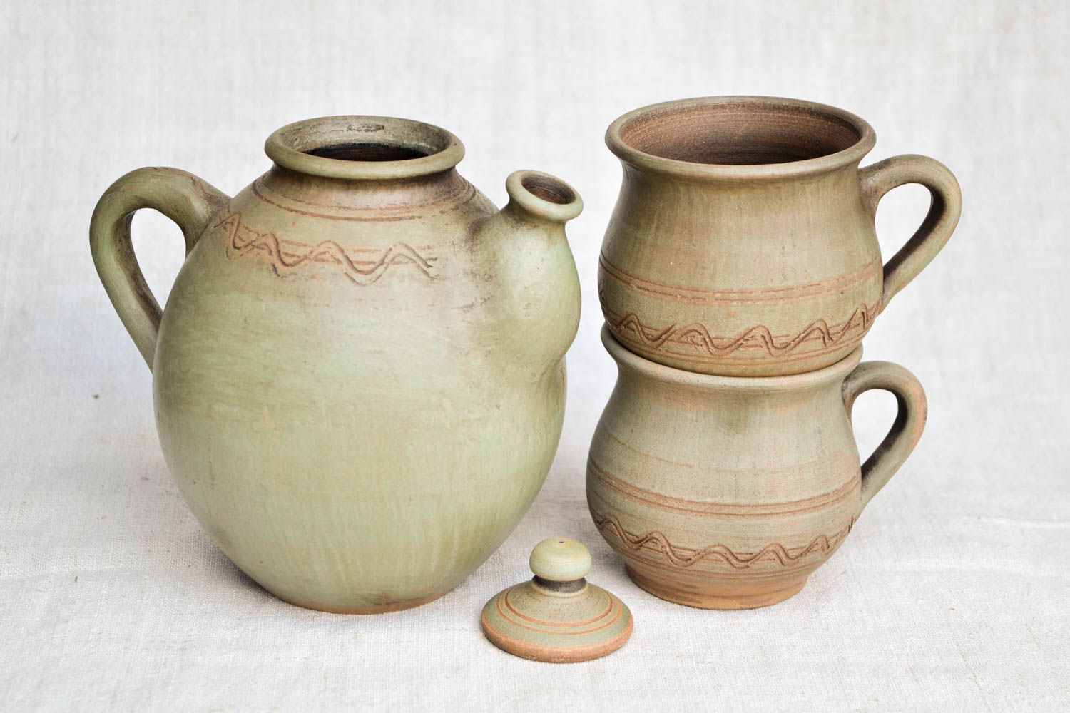 Unusual handmade ceramic teapot 2 clay cups tea cup design kitchen supplies photo 3