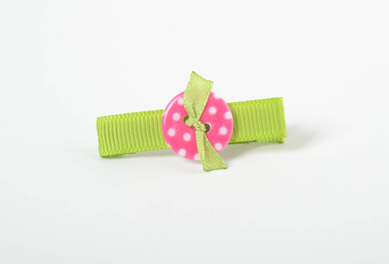 Green hairpin for girls handmade elegant barrette made of ribbons with button photo 5