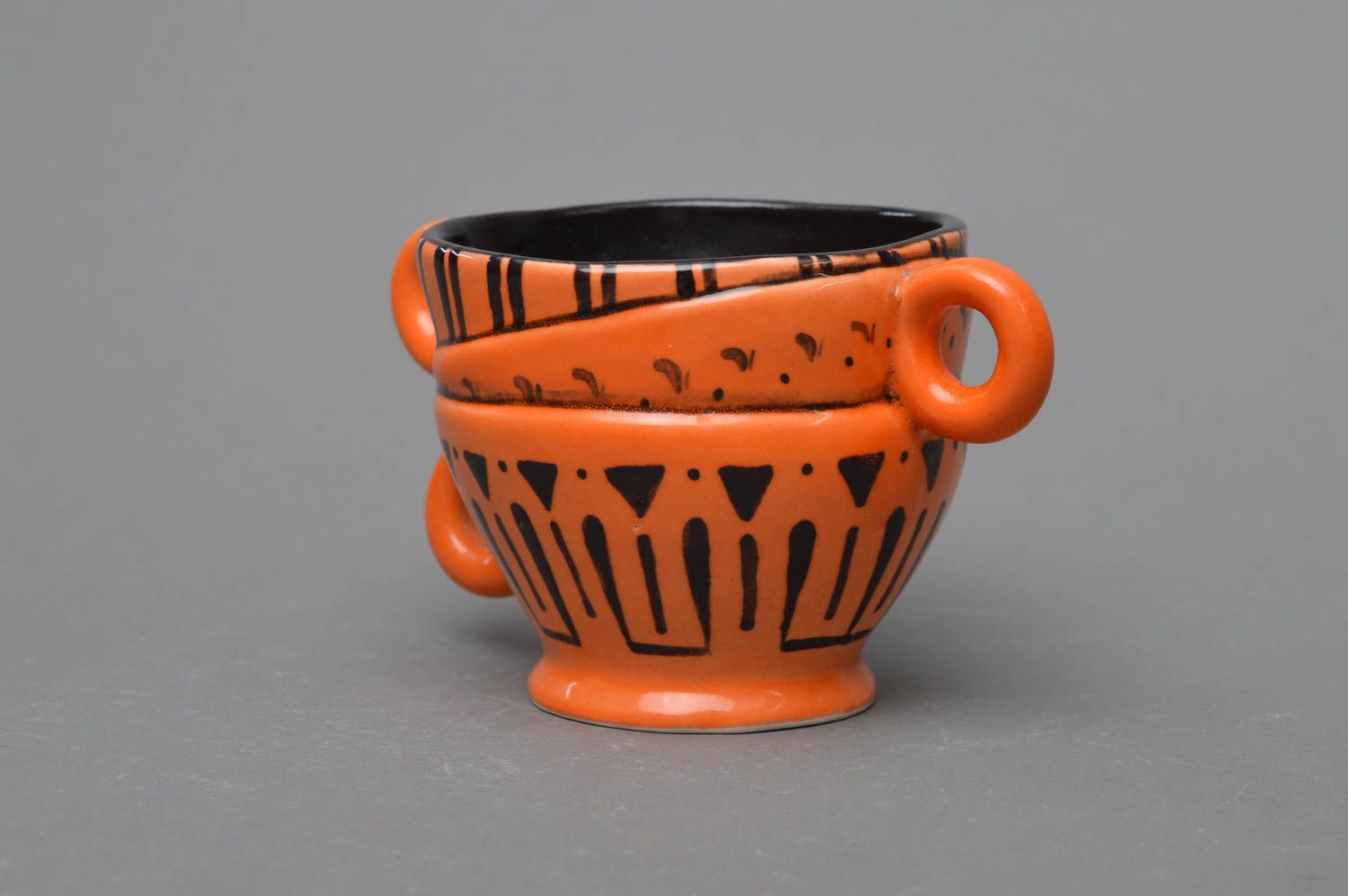  Orange porcelain cup with 3 three handles and Mayan patterns photo 2