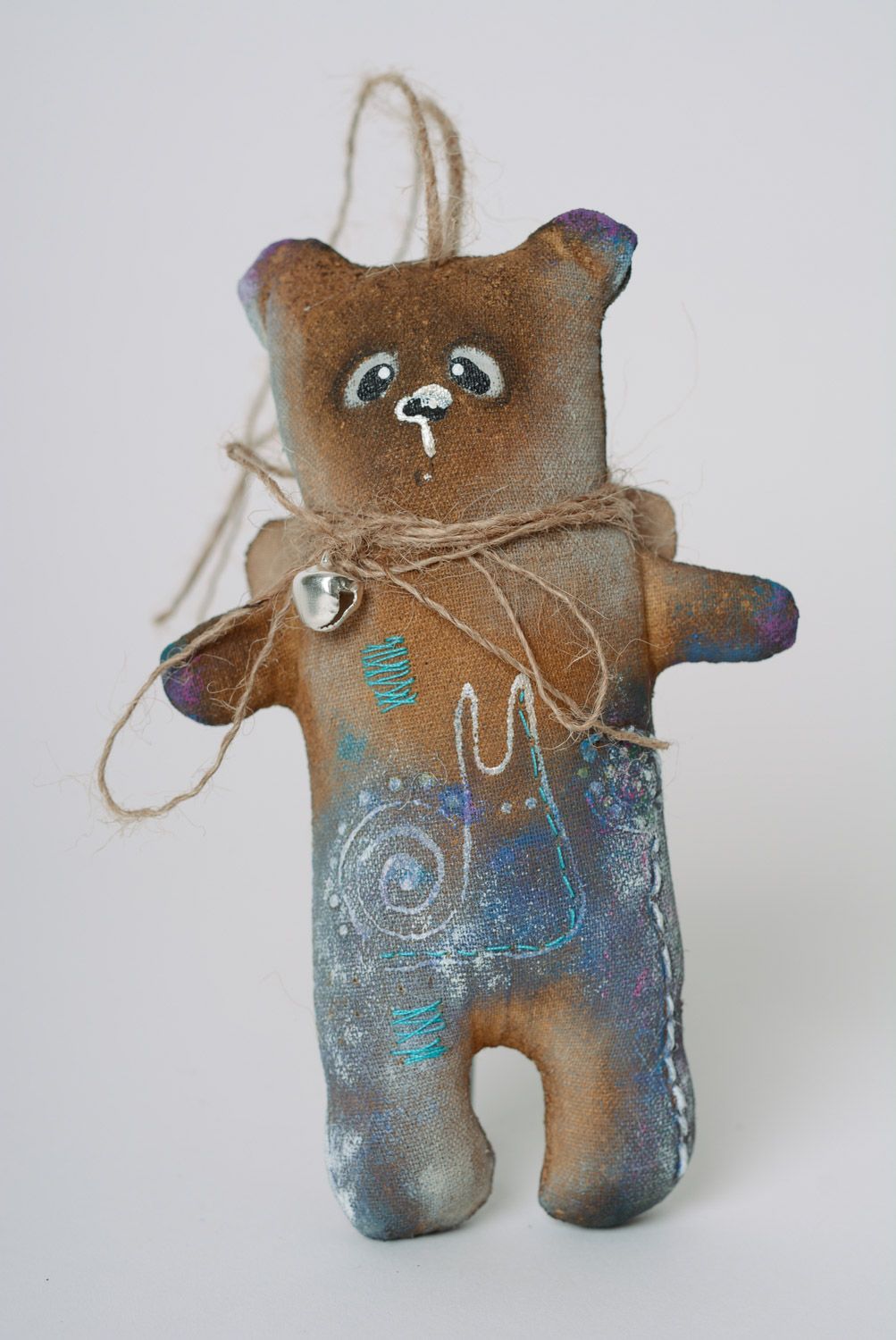 Handmade interior hanging soft toy sewn of cotton soaked with coffee bear photo 5