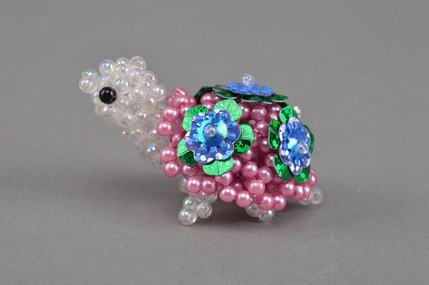Small handcrafted designer pink beaded figurine of turtle for interior decor photo 4