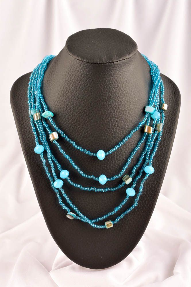 Collier perles de rocaille Bijou fait main bleu ciel design Accessoire femme photo 1