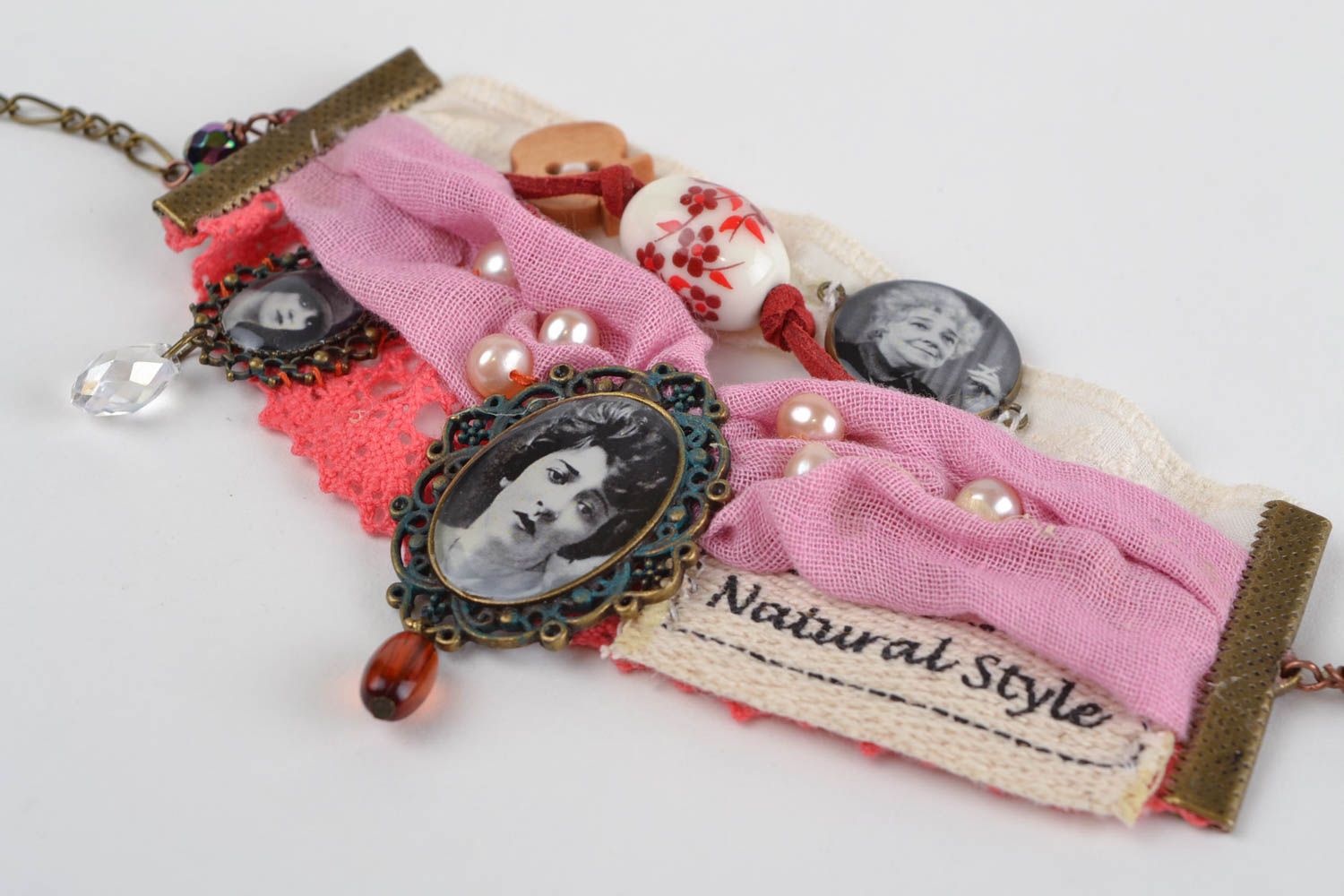 Textile bracelets with cameos unusual jewelry bracelet with charms 3 pieces photo 1