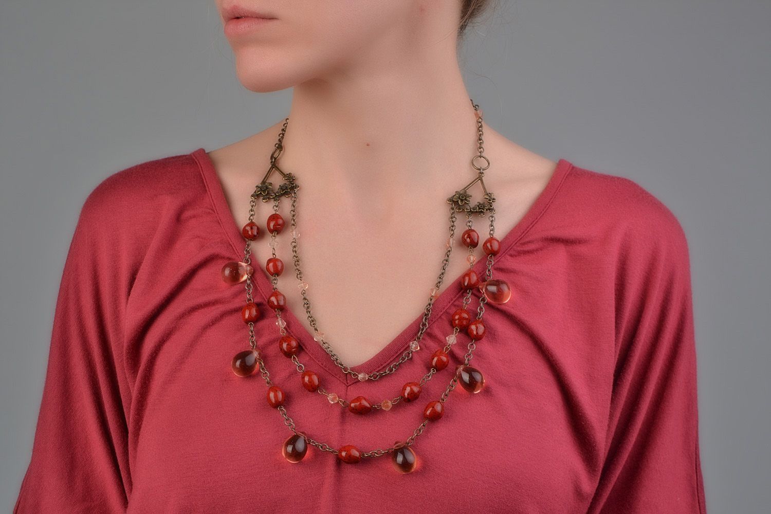 Handmade women's glass and ceramic bead necklace in ethnic style photo 1