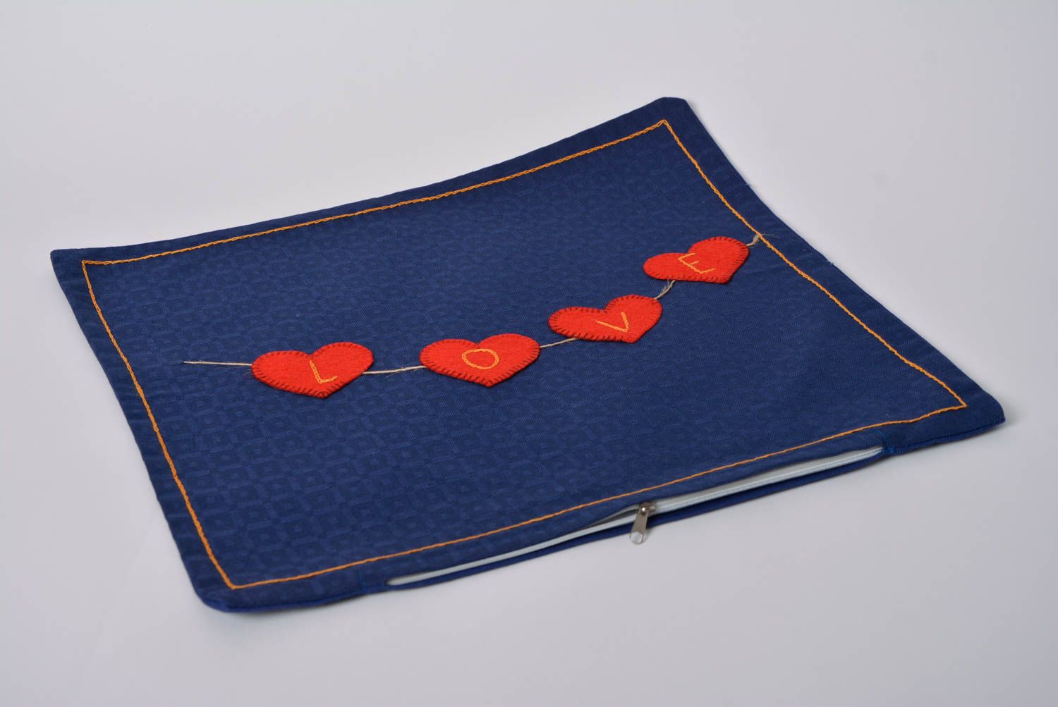 Handmade designer square dark blue satin pillow case with red hearts Love photo 1