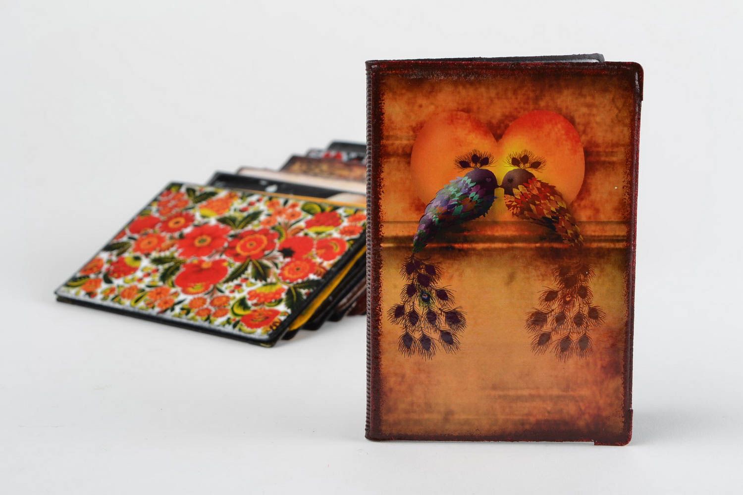 Handmade bright faux leather passport cover with decoupage two peacocks in love photo 1