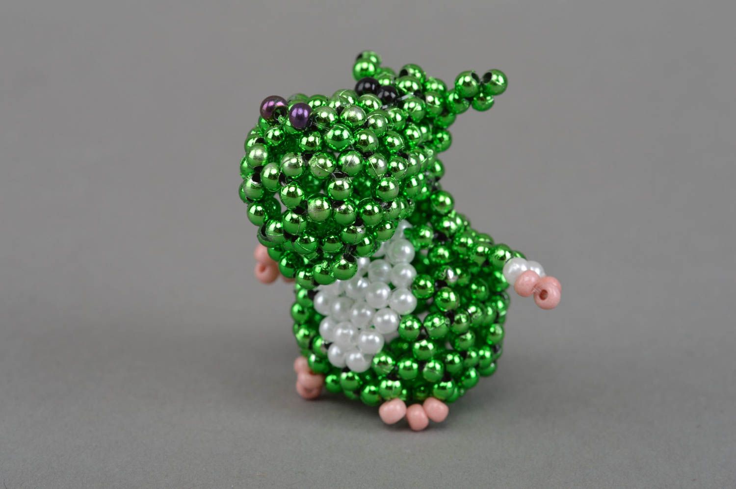 Handmade miniature beaded animal figurine of green hippo for home decoration photo 2