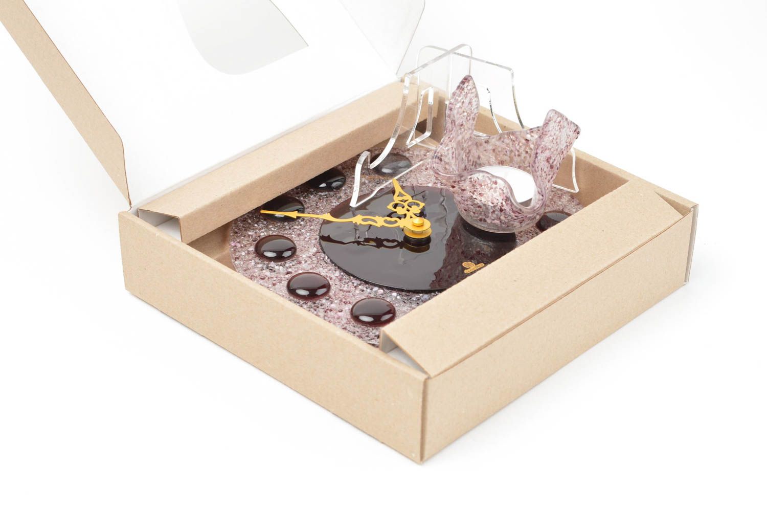 Подарочный набор ручной работы витражные часы  стеклянные часы с подсвечником фото 3