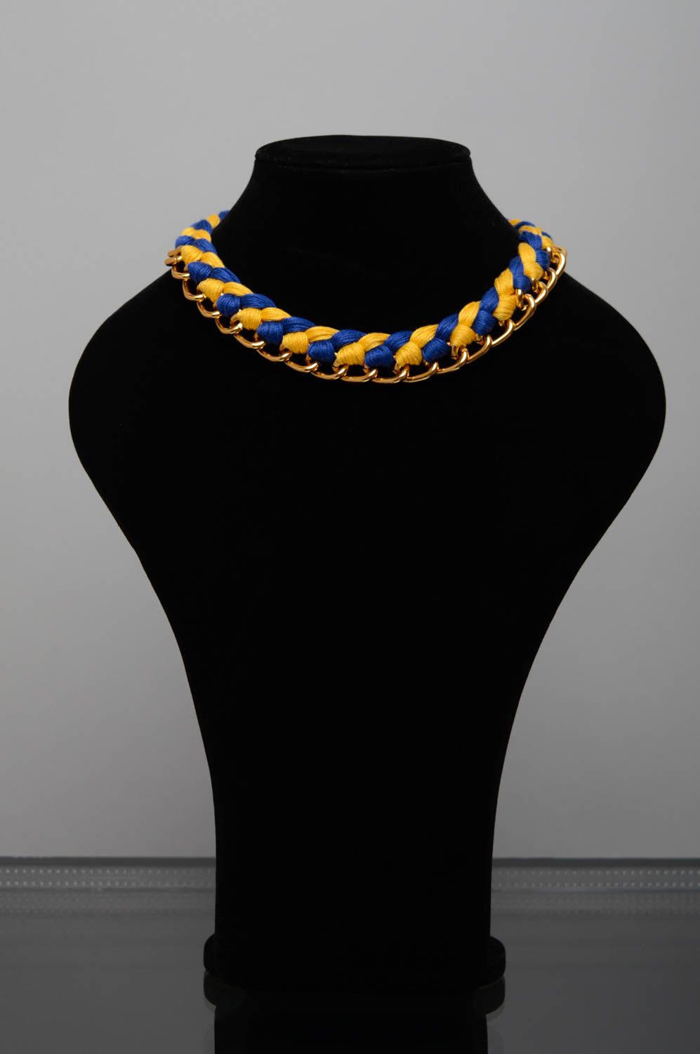 Bright blue and yellow moulin thread necklace with chain photo 2
