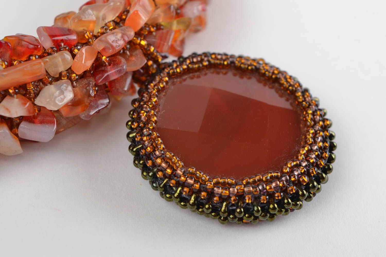 Handmade designer beaded necklace made of natural stones of amber color photo 5
