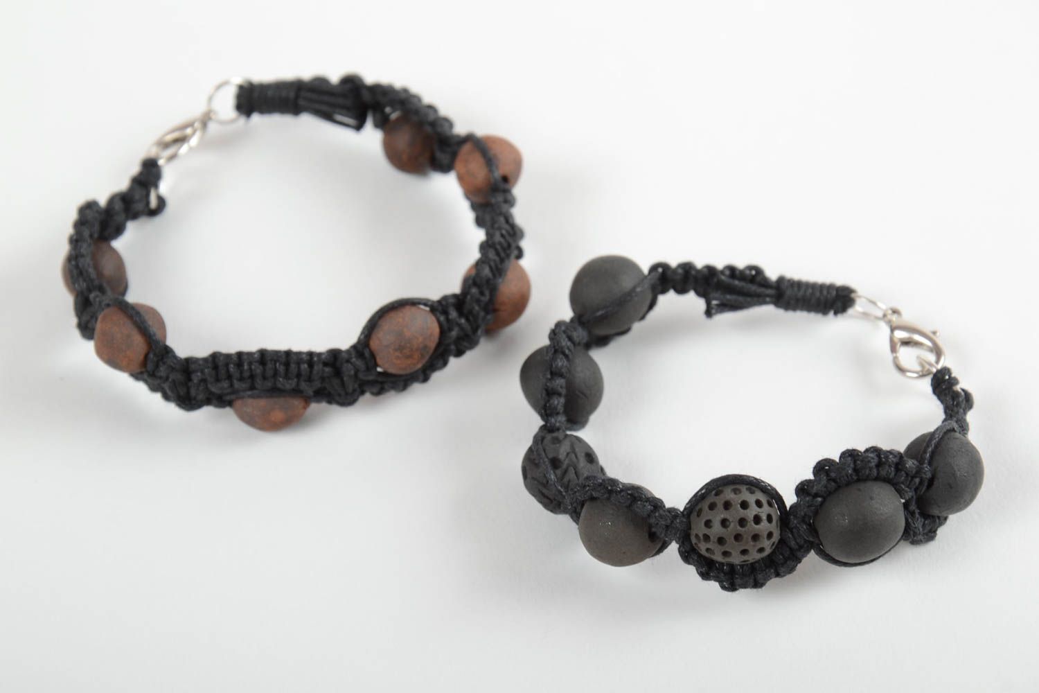Bracelets textiles 2 Bijoux fait main tressé noir perles argile Cadeau original photo 6