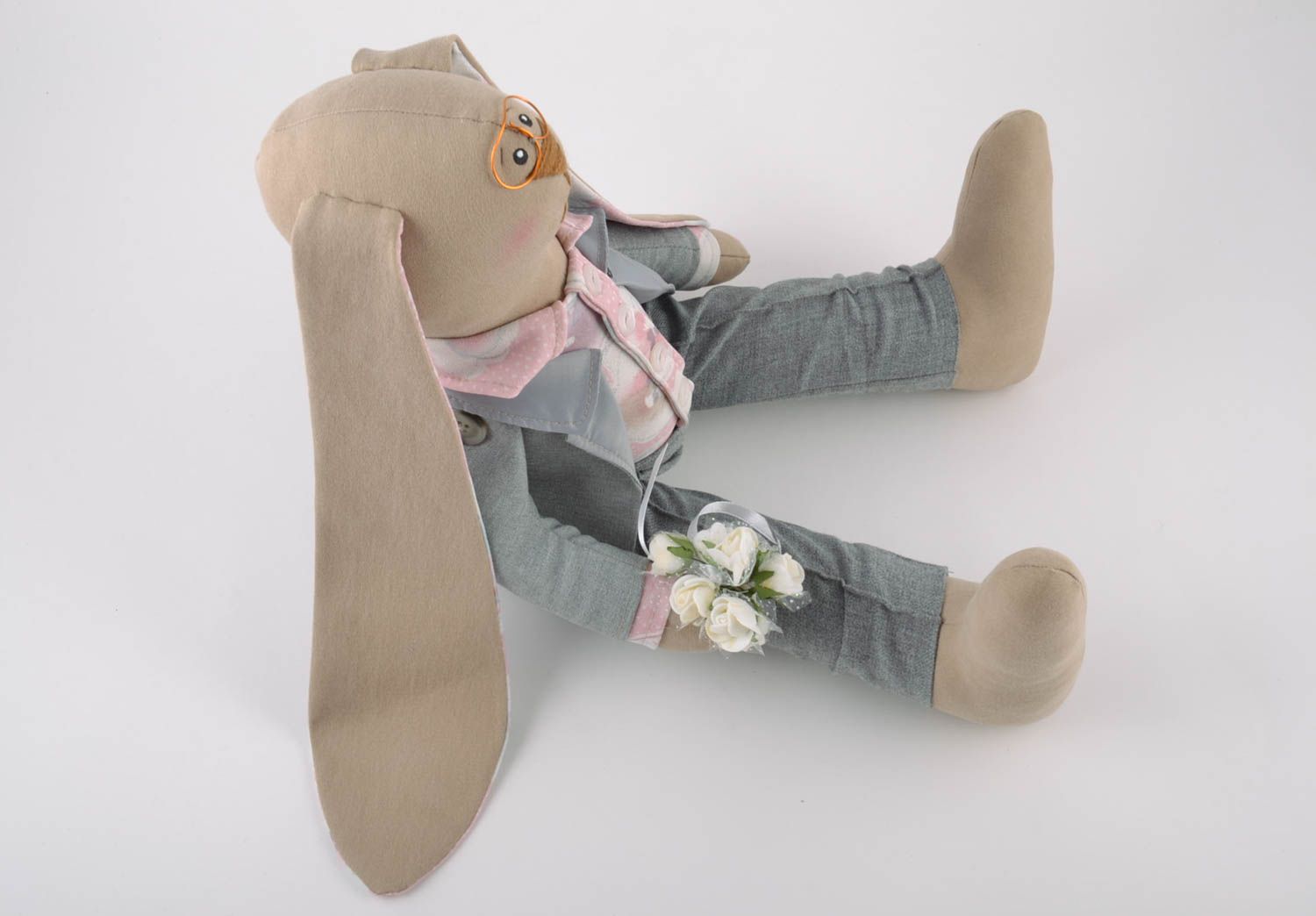 Handmade designer fabric soft toy rabbit groom in suit with flower bouquet photo 4