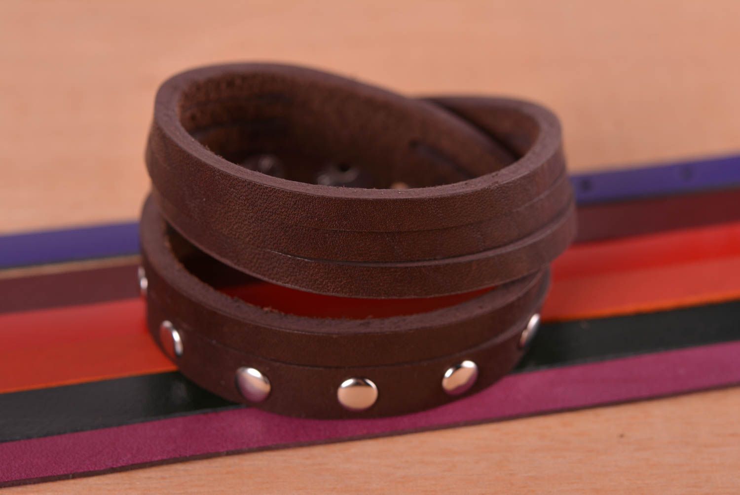 Handmade brown leather bracelet unusual wrist accessory casual style bracelet photo 1