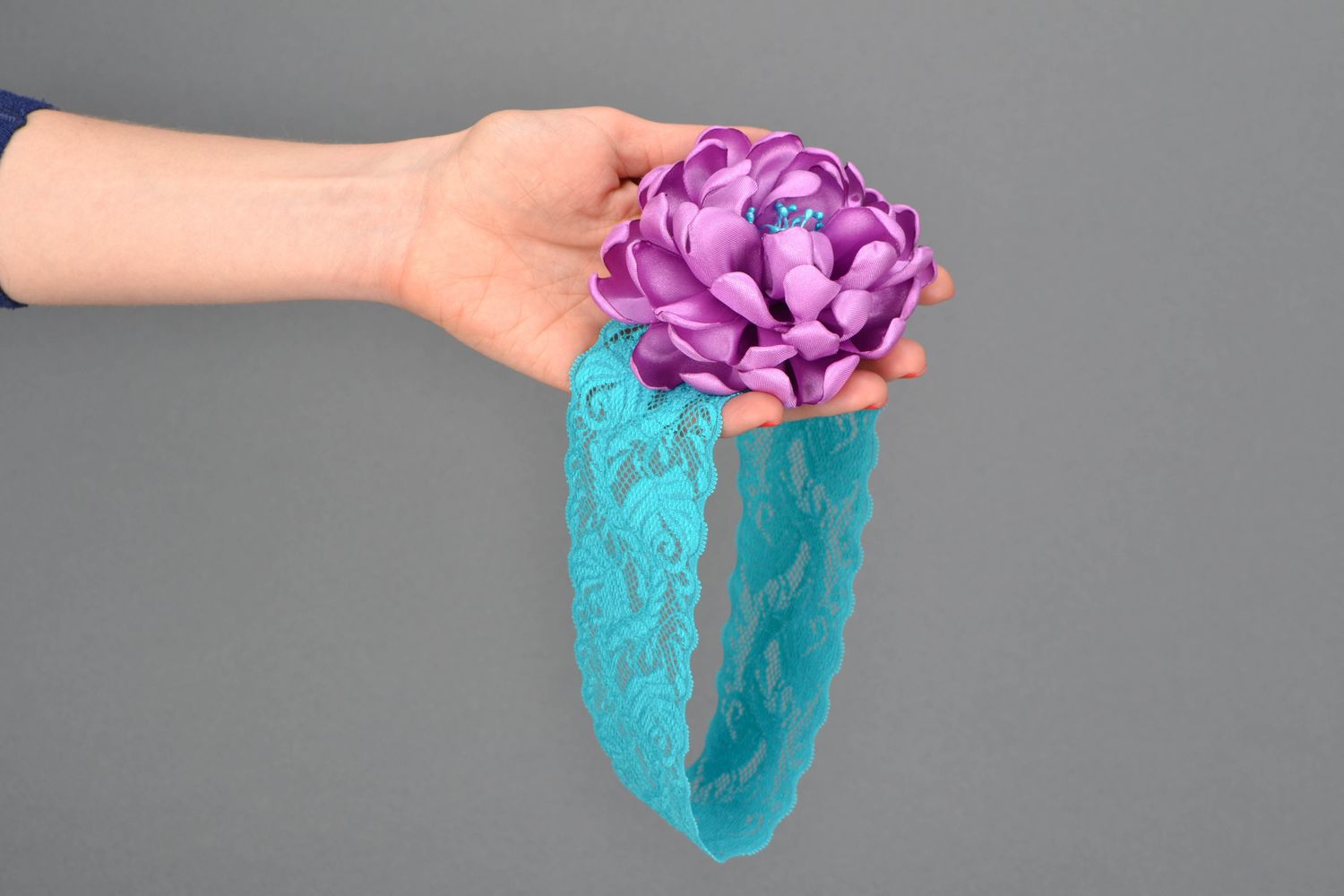 Designer headband with violet satin flower photo 2