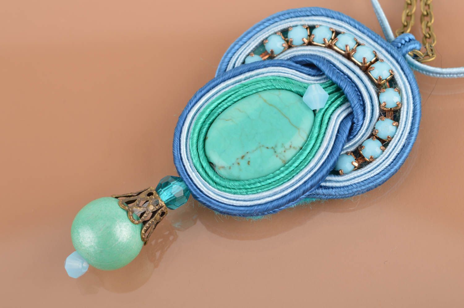 Unusual massive handmade designer soutache pendant with stone in the middle photo 4