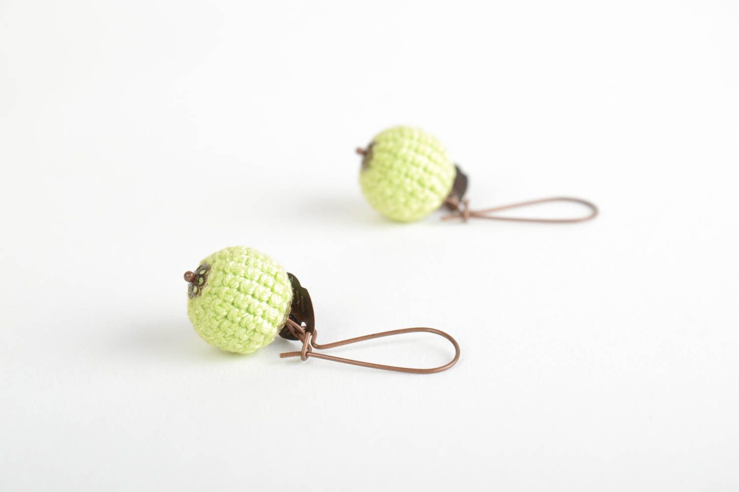 Beautiful nice cute unusual handmade yellow round crochet pendant bead earrings photo 5