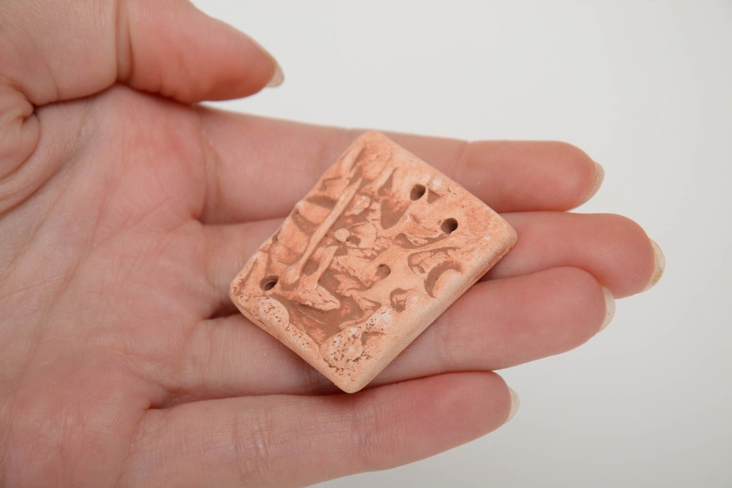 Handmade ceramic jewelry finding of square shape of beige color with openings photo 5