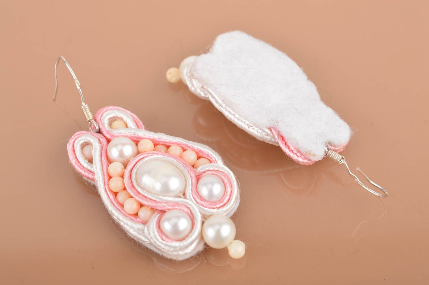Unusual beautiful gentle handmade designer fabric soutache earrings with beads photo 5