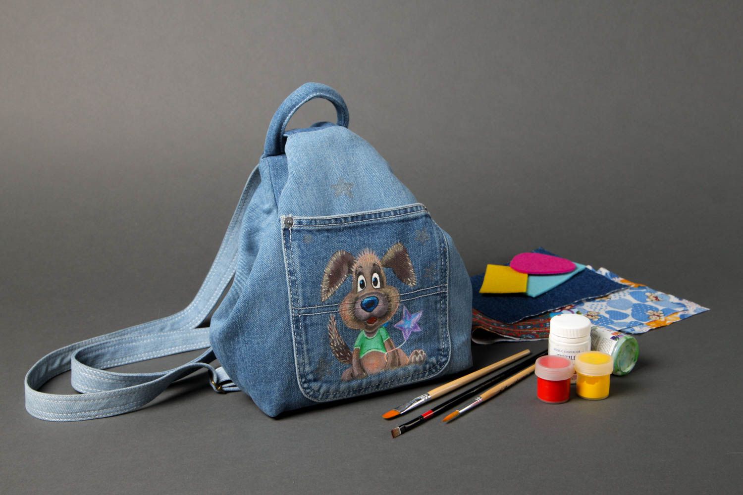 Сумка ручной работы джинсовый рюкзак женская сумка с рисунком песика красивая фото 1