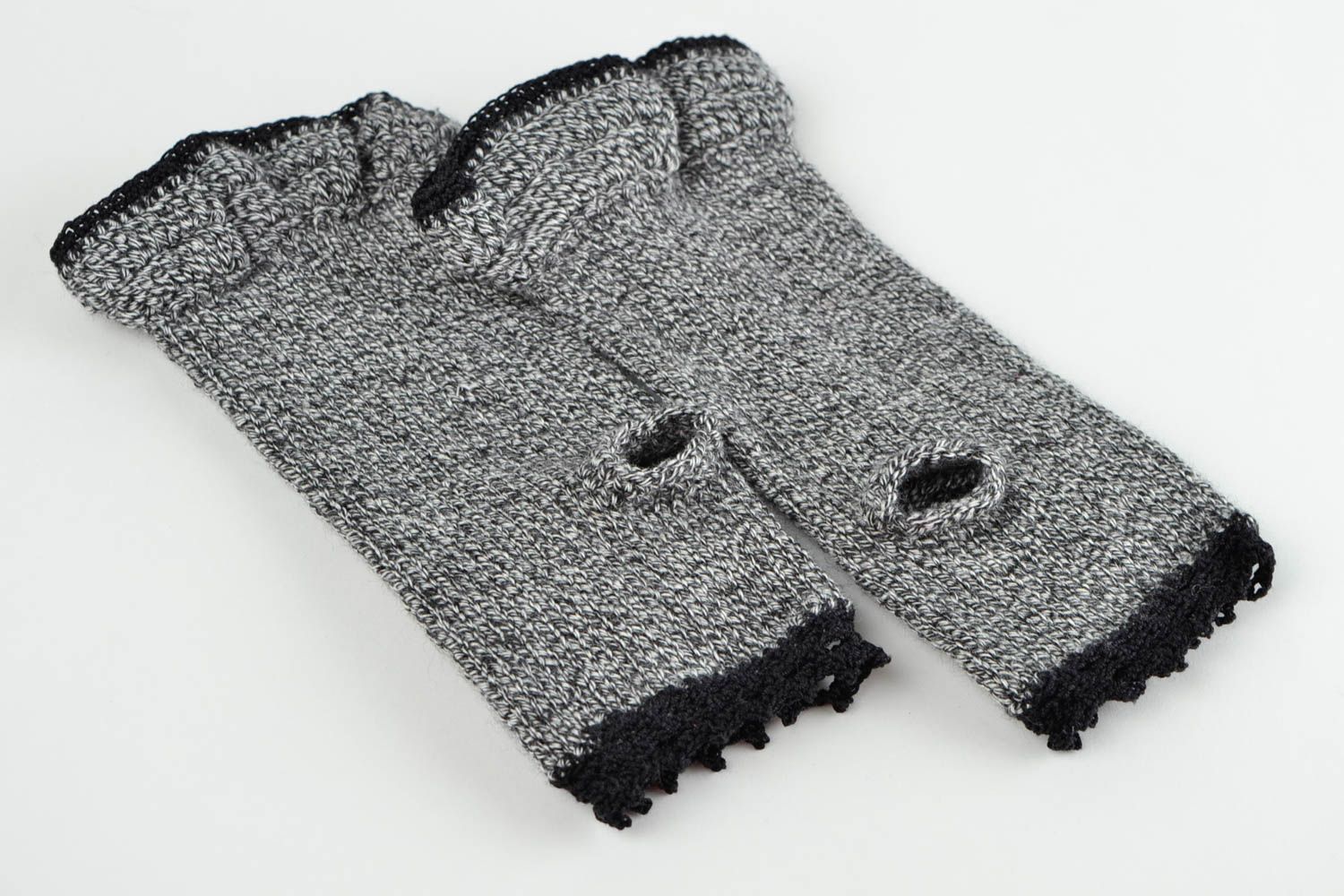 Mitaines tricot fait main Gants mitaines au crochet gris noir Accessoire femme photo 5