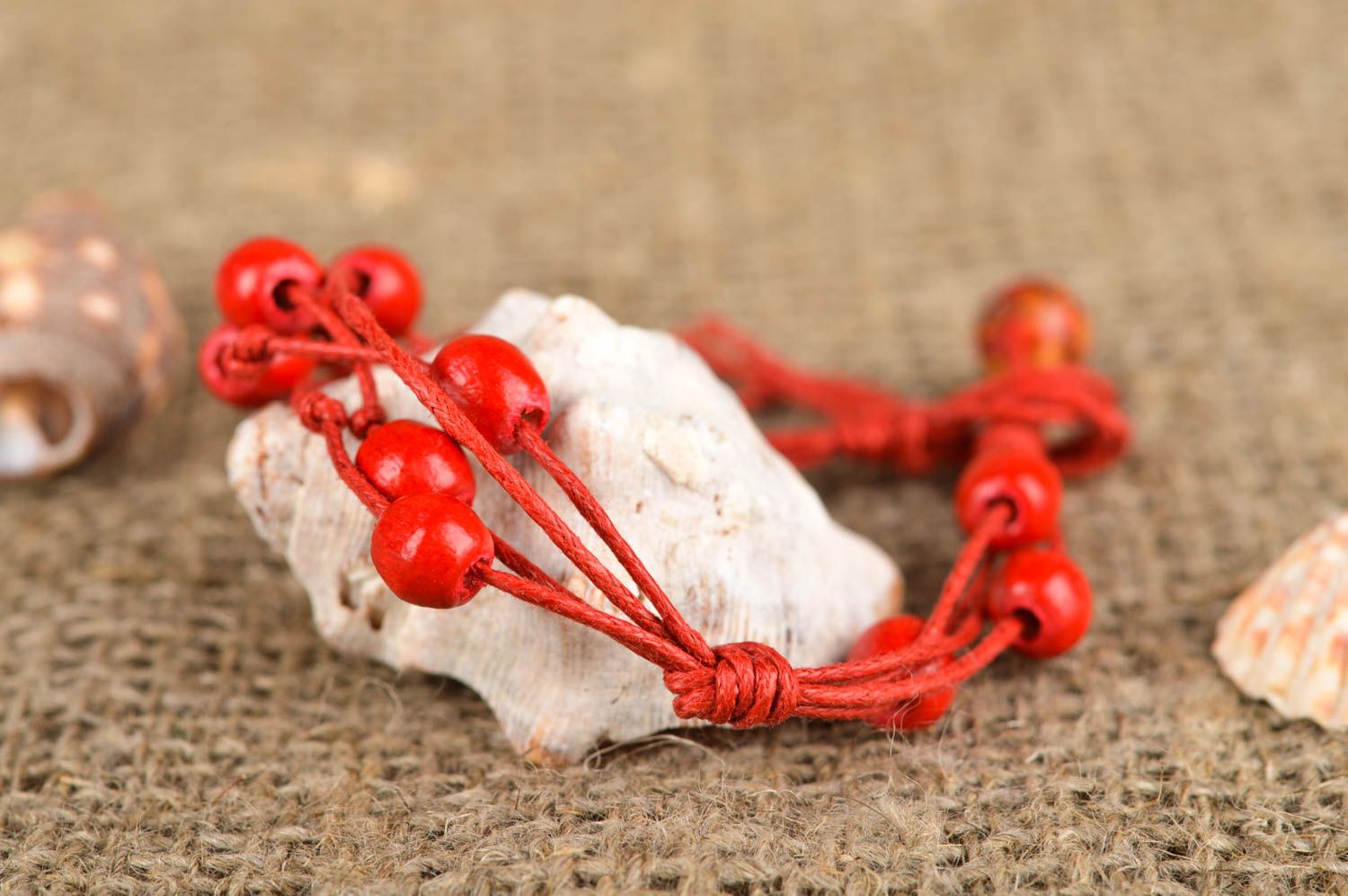 Strand red hot four cord unisex bracelet with red beads  photo 1